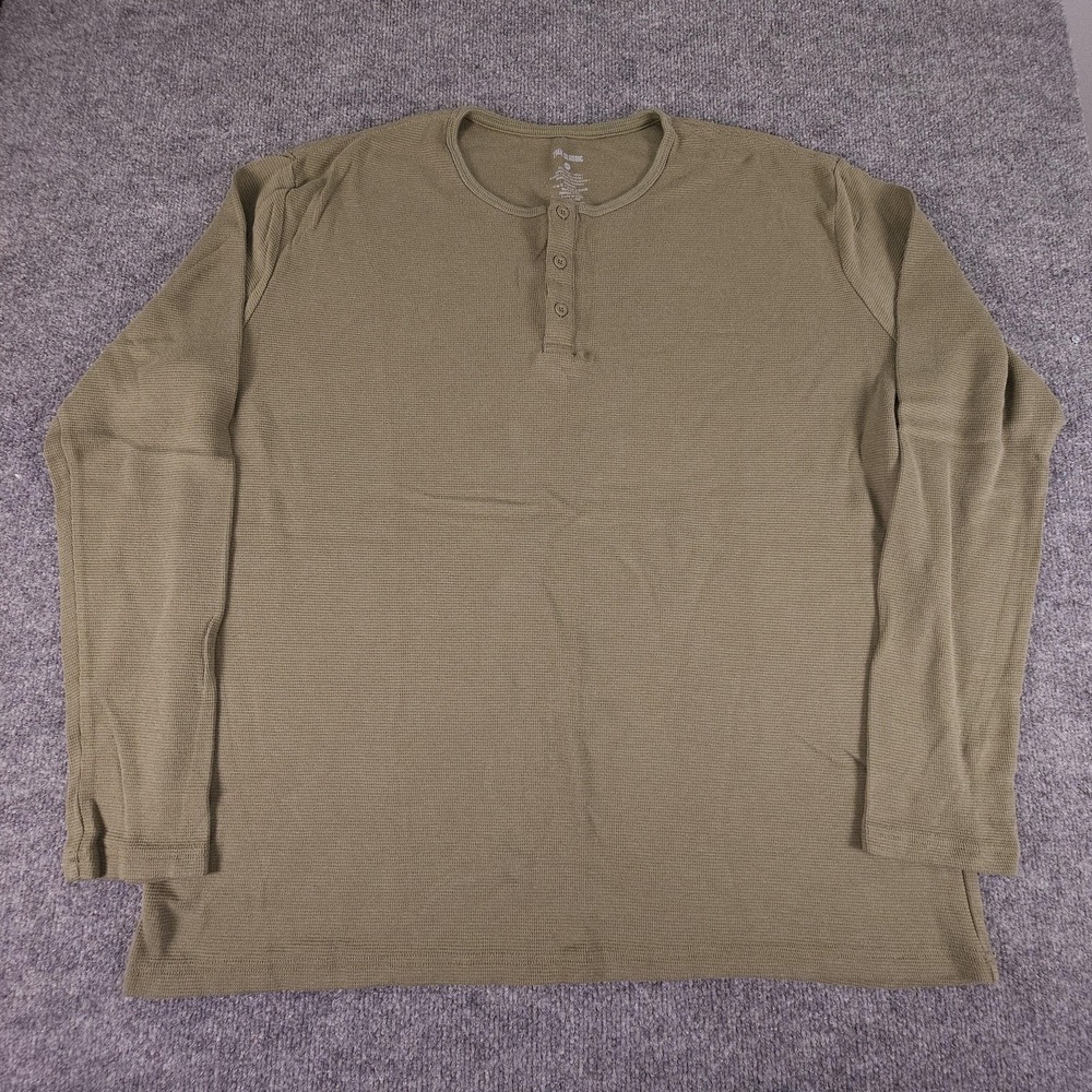 True Classic Henley Shirt Mens 2XL Green Long Sleeve Waffle Knit Thermal Casual